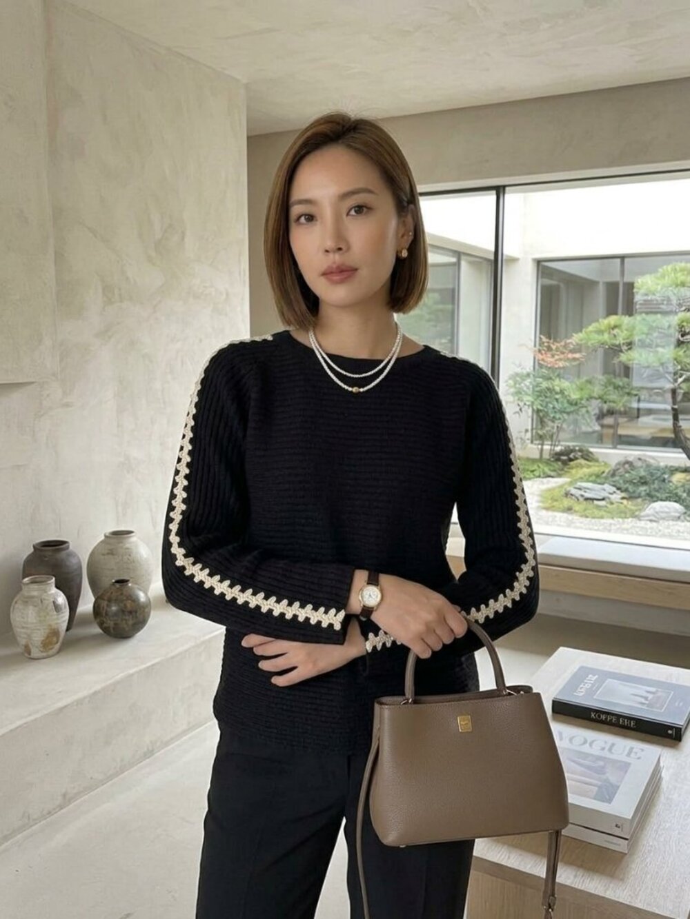 Pure Jill Sweater small petite Classic Black Crewneck Contrast Stitch Detail